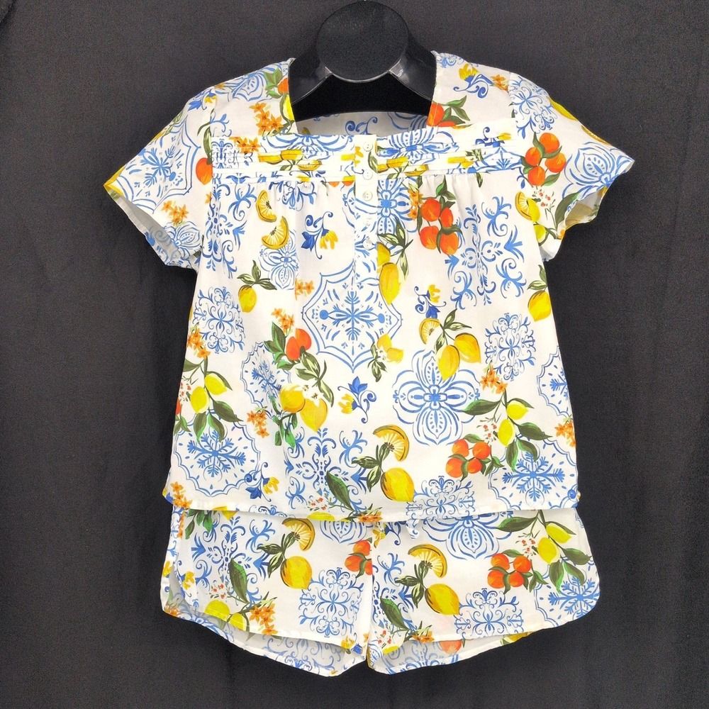 Johnny Was Lemon Citrus Pajama Short Set Lounge Fruit Tile Print Cottage Medium